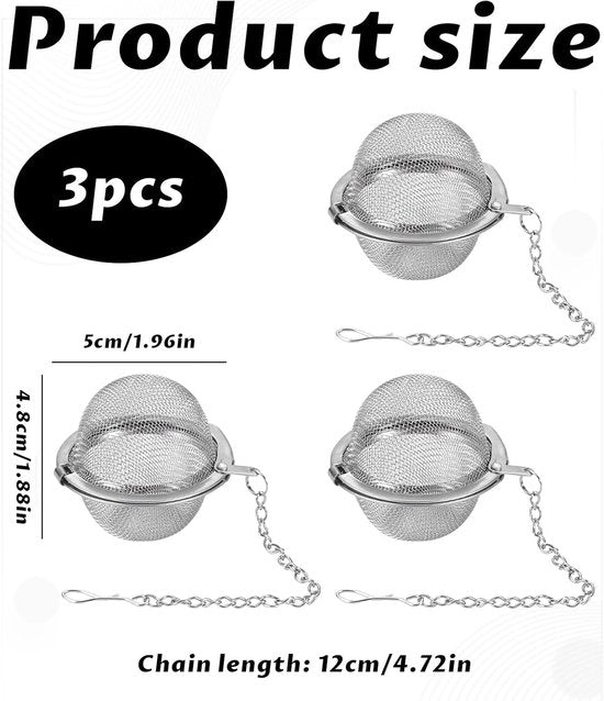 Tea filter - 3 pieces - Stainless steel tea filter - Tea ball filter - Tea filter pot - Infusion ball - Stainless steel tea filter - with extended chain hook - Round tea filter - Image 5