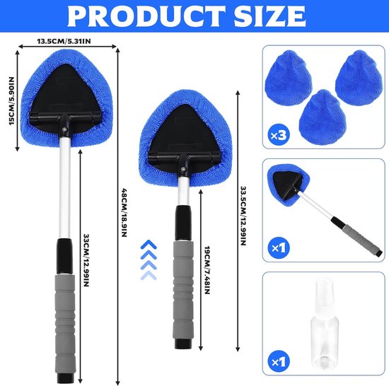 Car Window Cleaning Kit - 5-Piece - Car Window Cleaning Tool - Car Window Cleaning Tool - Car Window Cleaning Brush with Telescopic Handle - 1 Handle + 4 Blue Cloths + 1 50ml Spray Bottle - Image 6