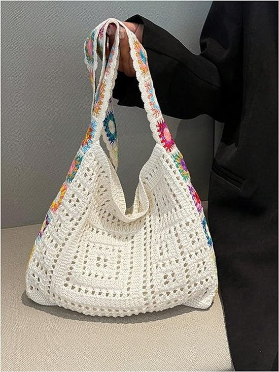 Women's shoulder bag - Embroidered bag - Handmade crocheted fabric bag - Colorful patterns - Perfect for shopping and holidays - White - Image 2