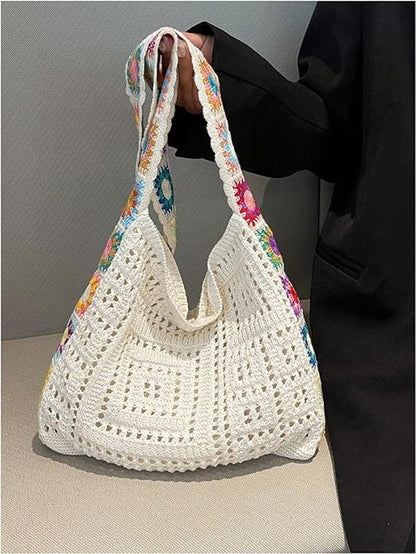 Women's shoulder bag - Embroidered bag - Handmade crocheted fabric bag - Colorful patterns - Perfect for shopping and holidays - White - Image 2