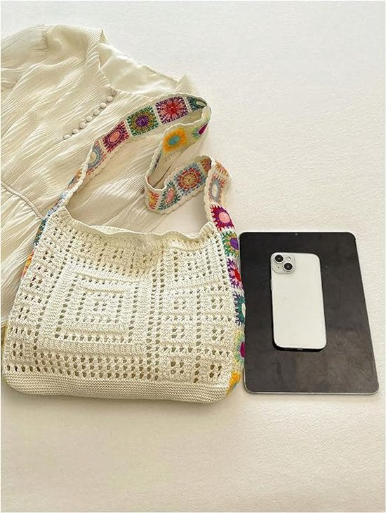 Women's shoulder bag - Embroidered bag - Handmade crocheted fabric bag - Colorful patterns - Perfect for shopping and holidays - White - Image 3