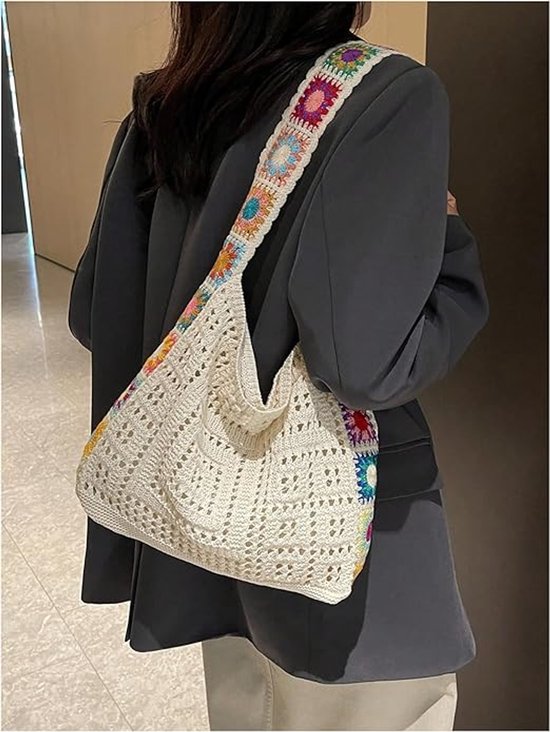 Women's shoulder bag - Embroidered bag - Handmade crocheted fabric bag - Colorful patterns - Perfect for shopping and holidays - White - Image 5