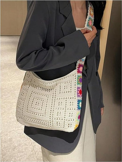 Women's shoulder bag - Embroidered bag - Handmade crocheted fabric bag - Colorful patterns - Perfect for shopping and holidays - White - Image 6