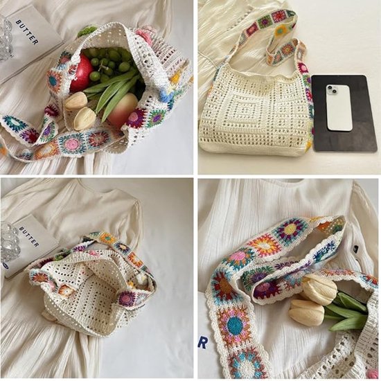 Women's shoulder bag - Embroidered bag - Handmade crocheted fabric bag - Colorful patterns - Perfect for shopping and holidays - Khaki - Image 2