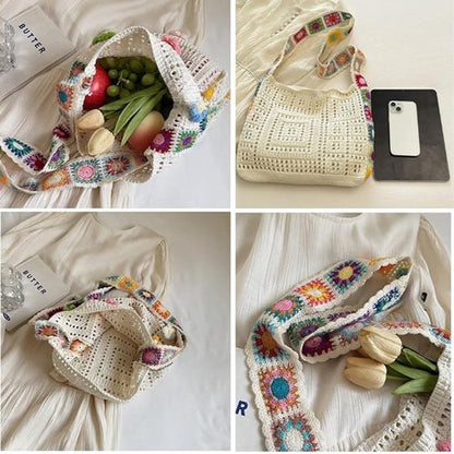 Women's shoulder bag - Embroidered bag - Handmade crocheted fabric bag - Colorful patterns - Perfect for shopping and holidays - Khaki - Image 2