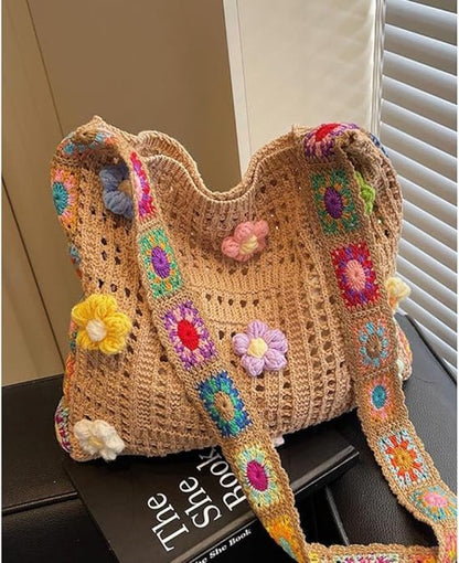 Women's shoulder bag - Embroidered bag - Handmade crocheted fabric bag - Colorful patterns - Perfect for shopping and holidays - Khaki - Image 3