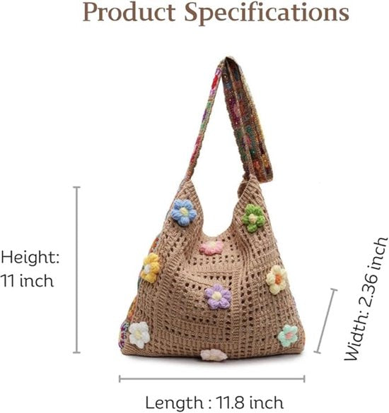 Women's shoulder bag - Embroidered bag - Handmade crocheted fabric bag - Colorful patterns - Perfect for shopping and holidays - Khaki - Image 4