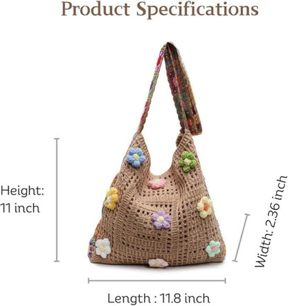 Women's shoulder bag - Embroidered bag - Handmade crocheted fabric bag - Colorful patterns - Perfect for shopping and holidays - Khaki - Image 4