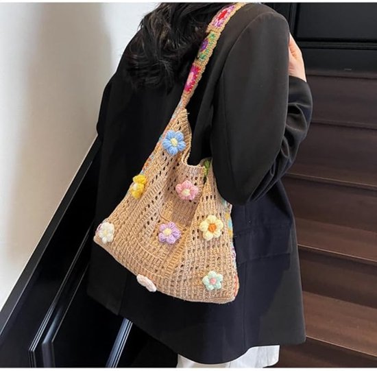 Women's shoulder bag - Embroidered bag - Handmade crocheted fabric bag - Colorful patterns - Perfect for shopping and holidays - Khaki - Image 5