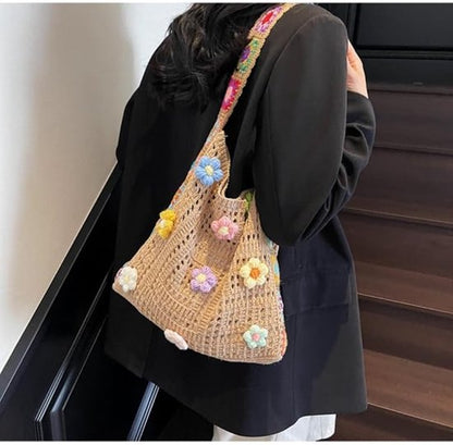 Women's shoulder bag - Embroidered bag - Handmade crocheted fabric bag - Colorful patterns - Perfect for shopping and holidays - Khaki - Image 5