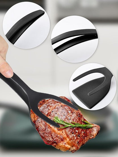 Set of 2 Food Tongs - 2-in-1 Flipper/Deep Fryer - Egg Flipper - Spatula with Clip - Egg Flipper, Kitchen Tools for Home - Black - Image 5