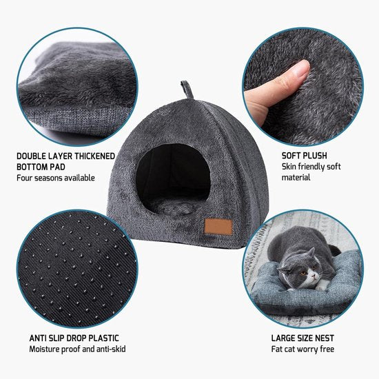 Tents Pet Bed - With Removable & Washable Cushion - Warm & Soft Fleece Fabric - For Cats & Small Dogs - Image 2