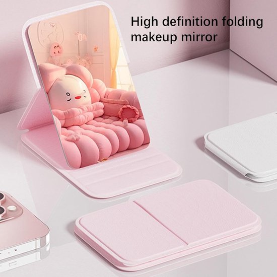 Frameless High Definition Makeup Mirror - Foldable Travel Mirror - Portable Makeup Mirror with Soft PU Leather Cover - Suitable for Bedroom, Bathroom & Travel（Pink） - Image 2