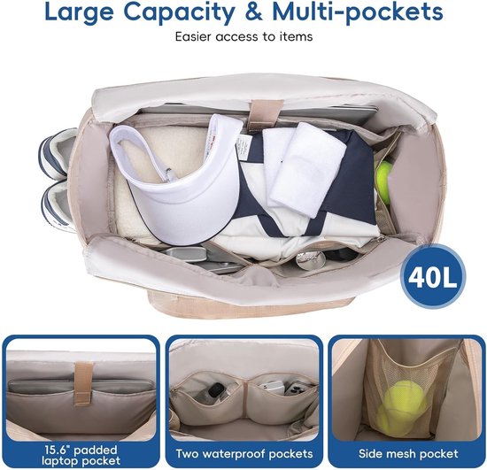 Tennis Bag – Extra Large Sports Bag with Shoe Compartment – Suitable for 2-4 Rackets – Waterproof and Lightweight – Unisex（Beige） - Image 5