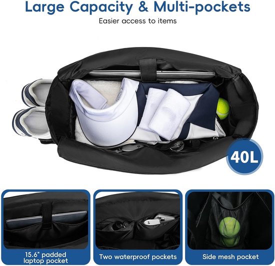 Tennis Bag – Extra Large Sports Bag with Shoe Compartment – Suitable for 2-4 Rackets – Waterproof and Lightweight – Unisex（Black） - Image 5