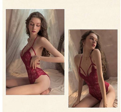 Sexy lingerie - Floral lace bodysuit - Halter neck - Open back - Seductive lingerie - One size - Red - Image 4