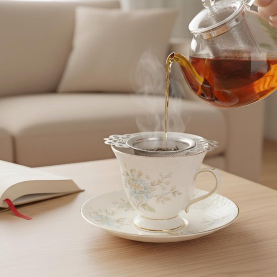 Tea Strainer - 2-piece set - Stainless steel tea infuser - Tea steeper with handle and drip cup - 6.5 cm - Mesh tea filter - Image 3