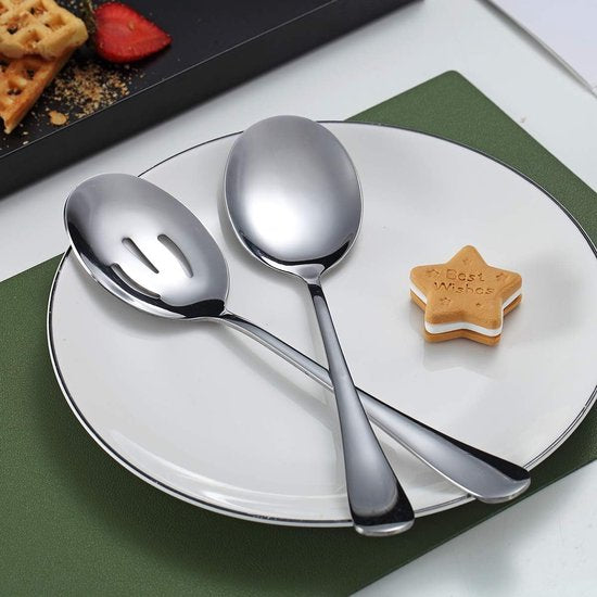 Spoons - 4-piece set - Stainless steel salad spoons - Includes 2 serving spoons and 2 skimmers - Suitable for desserts and coffee - Image 2