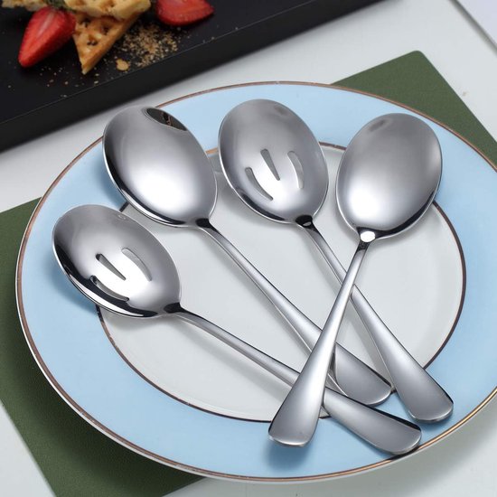 Spoons - 4-piece set - Stainless steel salad spoons - Includes 2 serving spoons and 2 skimmers - Suitable for desserts and coffee - Image 3