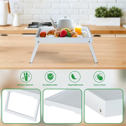 Folding table - Multifunctional folding table for home - Folding bamboo bedside table - Can be used as a dining table, TV table, laptop table, snack table, sofa table or work table - White - Image 4