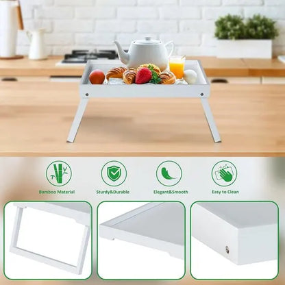 Folding table - Multifunctional folding table for home - Folding bamboo bedside table - Can be used as a dining table, TV table, laptop table, snack table, sofa table or work table - White - Image 4