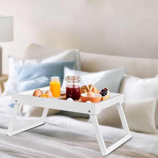 Folding table - Multifunctional folding table for home - Folding bamboo bedside table - Can be used as a dining table, TV table, laptop table, snack table, sofa table or work table - White - Image 5