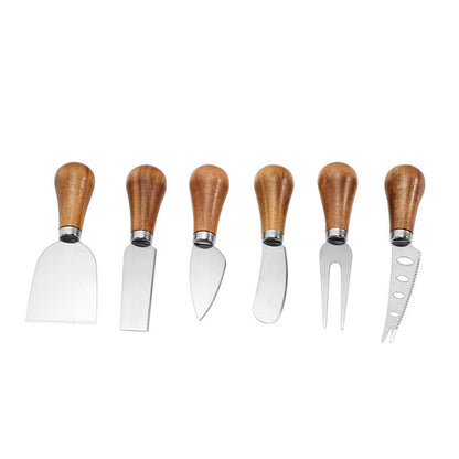 Cheese Knives Set – Portable for Picnic, 4.9 Inches with Wooden Handle, Silver, Set of 6
