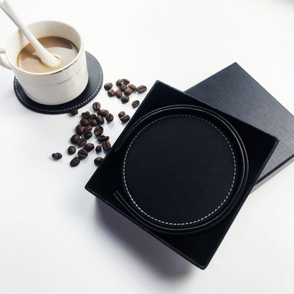 Coaster set - Leather coaster set with storage box - Black - 5 pieces - Image 3