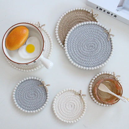 Coasters - Pearl Decoration - Cotton Rope - Hand-woven - Thick and Absorbent - Insulated and Heat-Resistant - Round - 3-Pack - Image 2