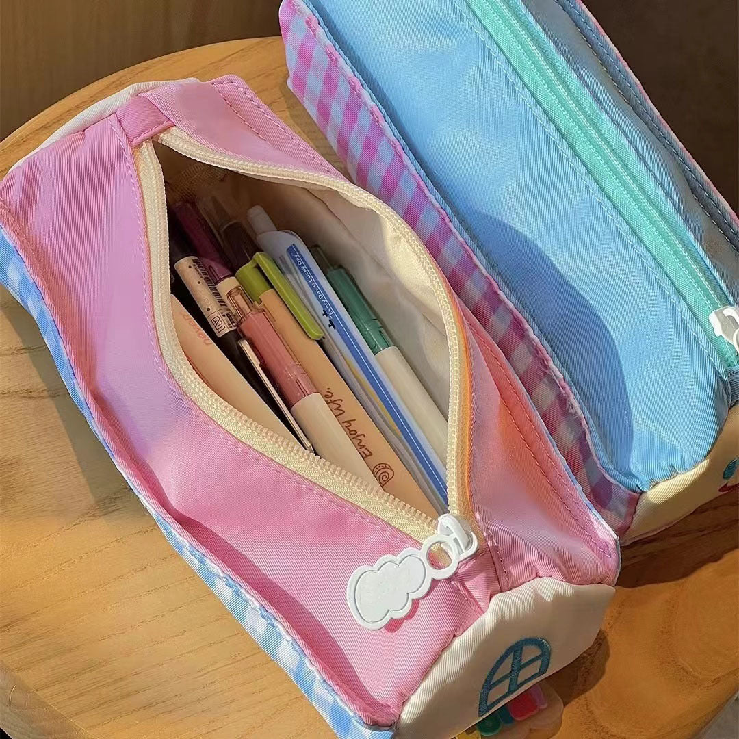 Pencil Case - Large Capacity - Cute and Lovely - Pink Check - 1 Piece - Image 3