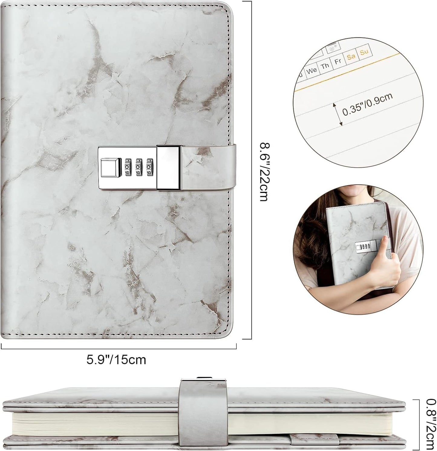 Diary with combination lock, waterproof leather, marble pattern, gray, 1 pack - Image 3