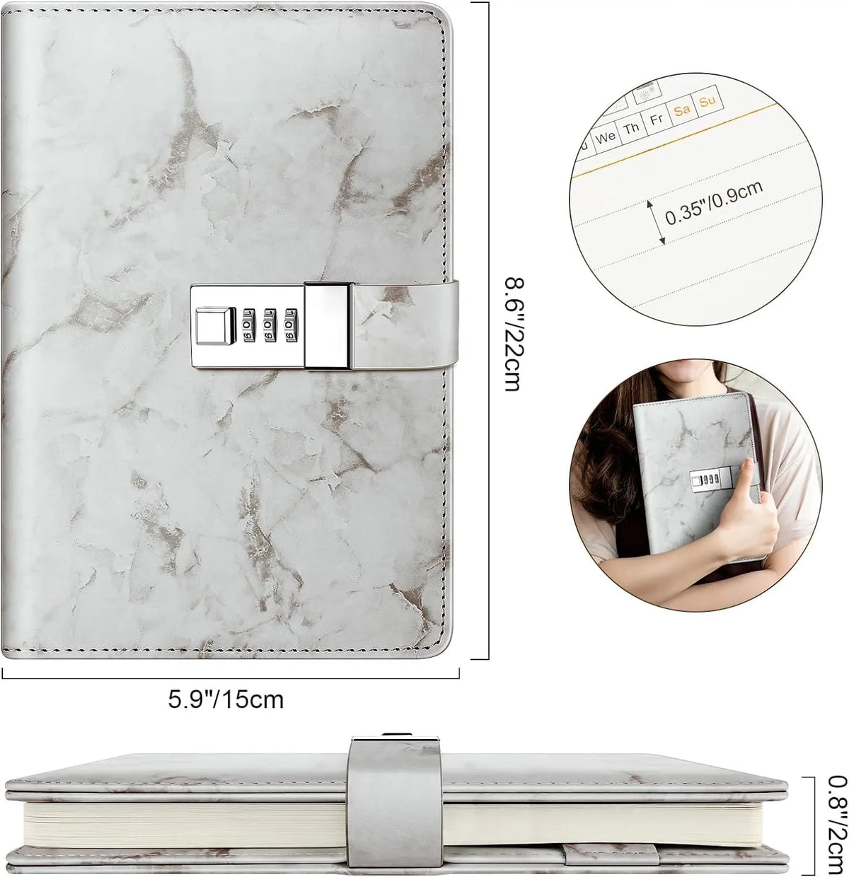 Diary with combination lock, waterproof leather, marble pattern, gray, 1 pack - Image 3