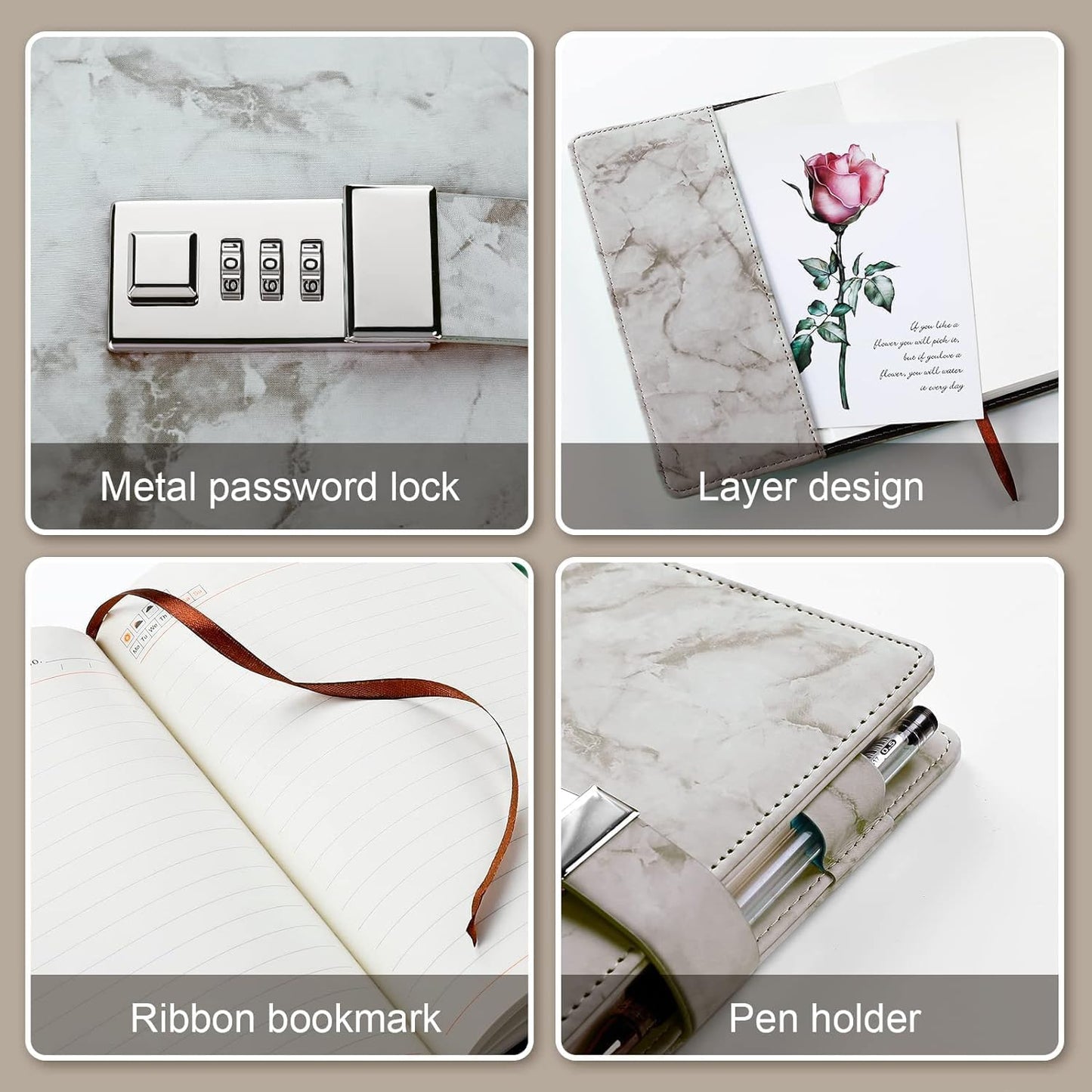 Diary with combination lock, waterproof leather, marble pattern, gray, 1 pack - Image 5