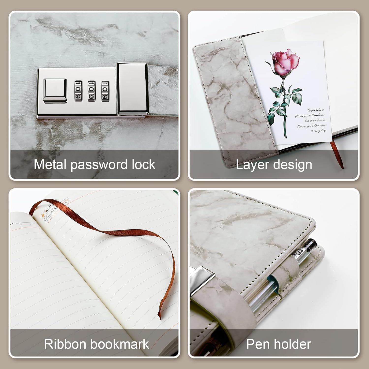 Diary with combination lock, waterproof leather, marble pattern, gray, 1 pack - Image 5
