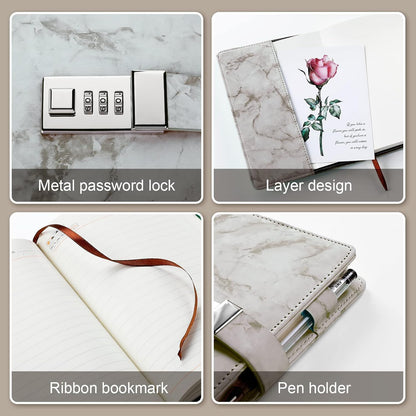 Diary with combination lock, waterproof leather, marble pattern, gray, 1 pack - Image 5