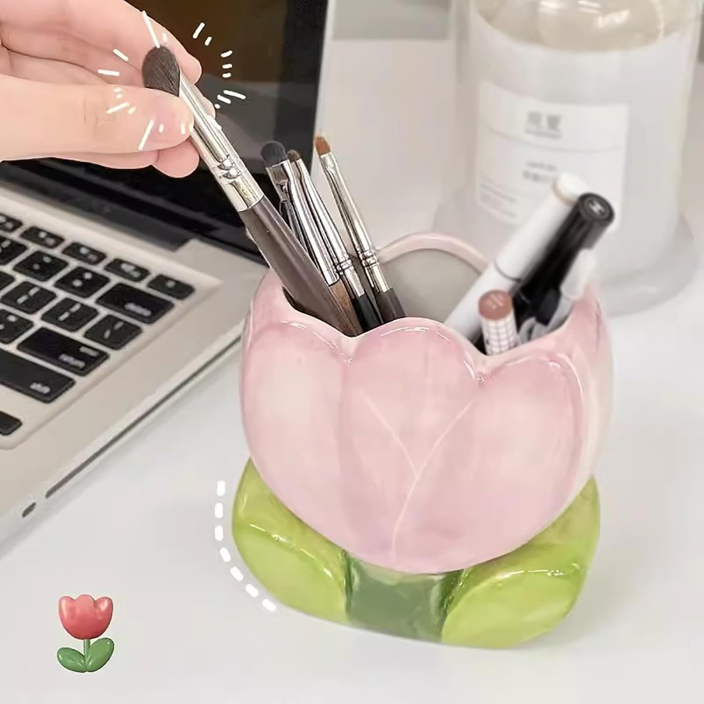 Storage Box - Cute Desk Ornaments - Ceramic Storage Bucket - Pink Tulip - 1 Pack - Image 2
