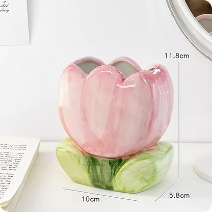 Storage Box - Cute Desk Ornaments - Ceramic Storage Bucket - Pink Tulip - 1 Pack - Image 3