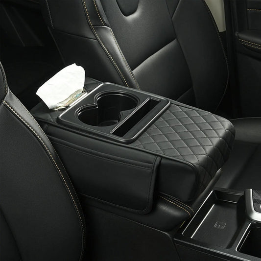 Car Centre Console Armrest Organizer with Tissue Holder and Side Pockets, Protective PU Leather Storage Tray, Black, 35 x 20 x 8 cm