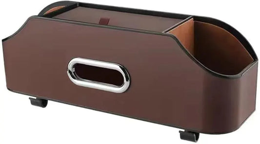 PU Leather Car Headrest Storage Organizer with Hook and Tissue Holder, Back Seat Accessory for Bags and Travel Items, Brown