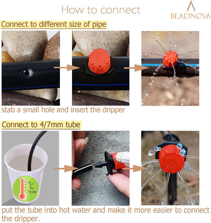 Drip Irrigation Emitters 50 Pieces Irrigation Drippers 360 Degree System Emitters Sprinklers Drip Irrigation 1/4 Inch Pipe Gardening (Red) - Image 5