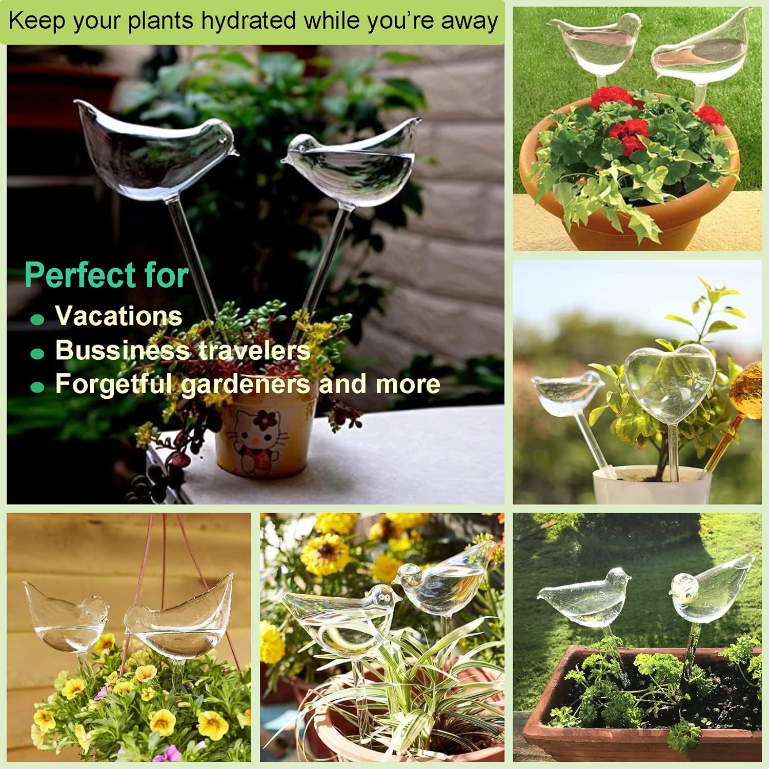 Self-watering globes, bird-shaped plant watering device, hand-blown, clear glass globe for indoor and outdoor plants, pack of 2 - Image 3