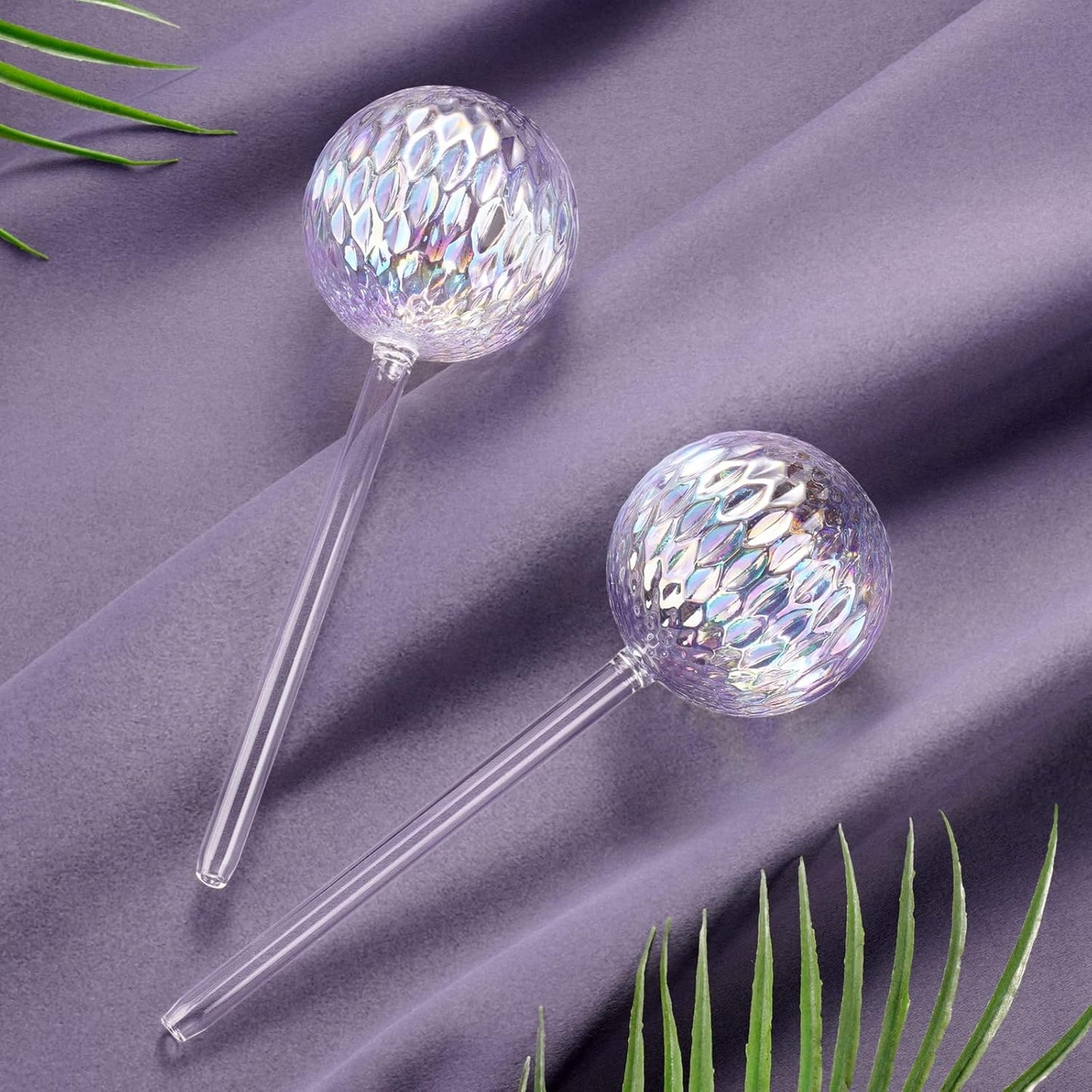 Glass Self-Watering Plant Balls, 2-Pack, Pearlescent, Clear Iridescent, Plant Watering Device, Diamond Pattern, Self-Watering Balls, Planter Insert, Decorative Holiday Watering Spikes - Image 5
