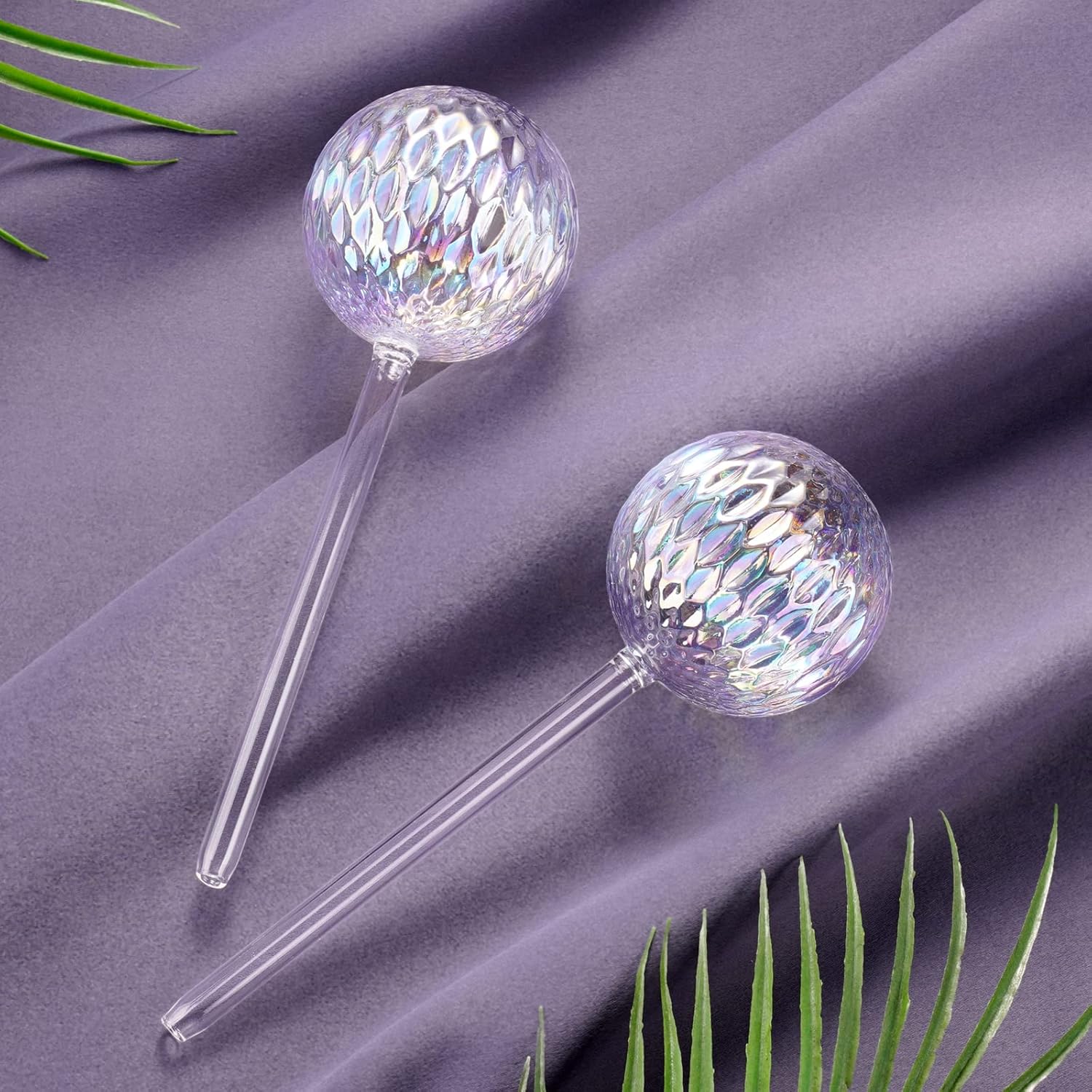 Glass Self-Watering Plant Balls, 2-Pack, Pearlescent, Clear Iridescent, Plant Watering Device, Diamond Pattern, Self-Watering Balls, Planter Insert, Decorative Holiday Watering Spikes - Image 5