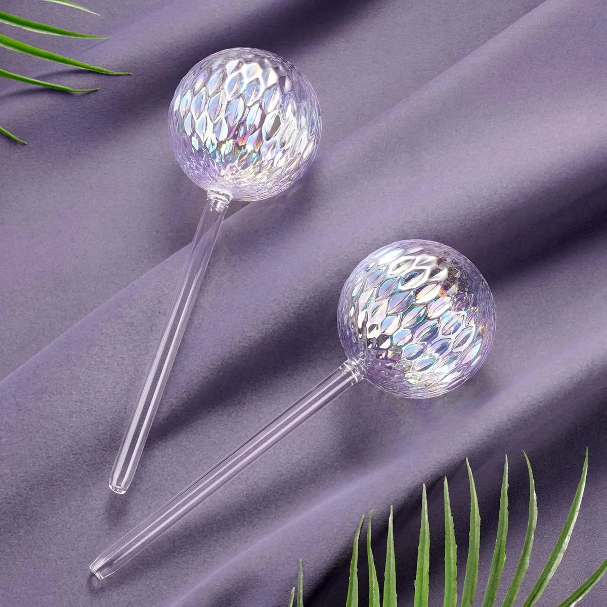 Glass Self-Watering Plant Balls, 2-Pack, Pearlescent, Clear Iridescent, Plant Watering Device, Diamond Pattern, Self-Watering Balls, Planter Insert, Decorative Holiday Watering Spikes - Image 5