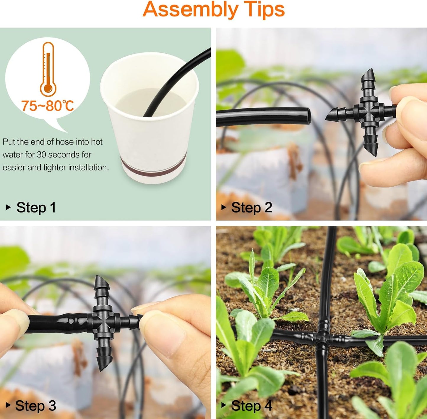 1/4" Drip Irrigation Universal Fittings, 45 Pieces Barbed 4-Way Cross Irrigation Fittings for 1/4 Inch Drip Hose, 4-Way Tee Fittings for Drip Hoses and T-Fittings for Sprinklers, Garden and Lawn - Image 3
