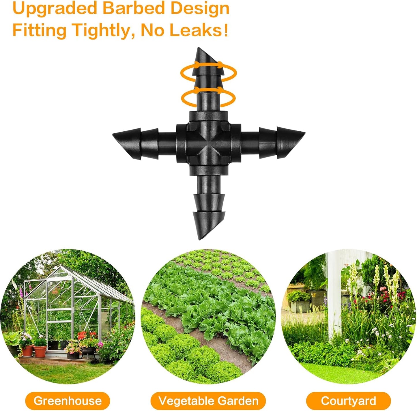 1/4" Drip Irrigation Universal Fittings, 45 Pieces Barbed 4-Way Cross Irrigation Fittings for 1/4 Inch Drip Hose, 4-Way Tee Fittings for Drip Hoses and T-Fittings for Sprinklers, Garden and Lawn - Image 4