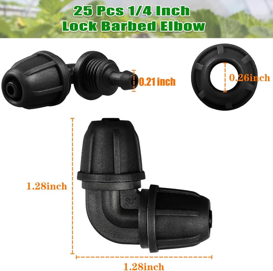Drip Irrigation Fittings 1/4 Inch, Pack of 25 Barb Locking Elbows for 1/4 Inch Hoses, Drip Line Parts, Irrigation Connectors with Locking Nut for Drip Sprinklers, Garden and Lawn Watering Systems, Black - Image 2