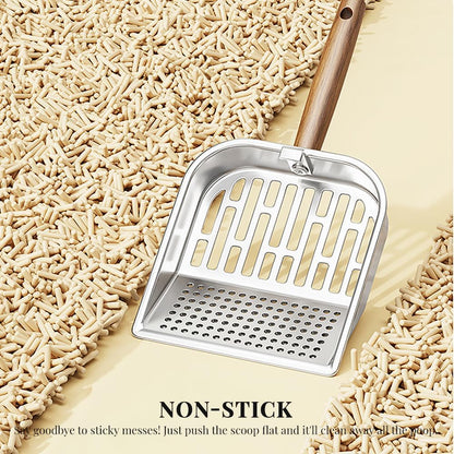 Cat Litter Scoop - Stainless Steel - Double Hole Design - Long Wooden Handle - Hanging Storage - 1 Pack - Image 2