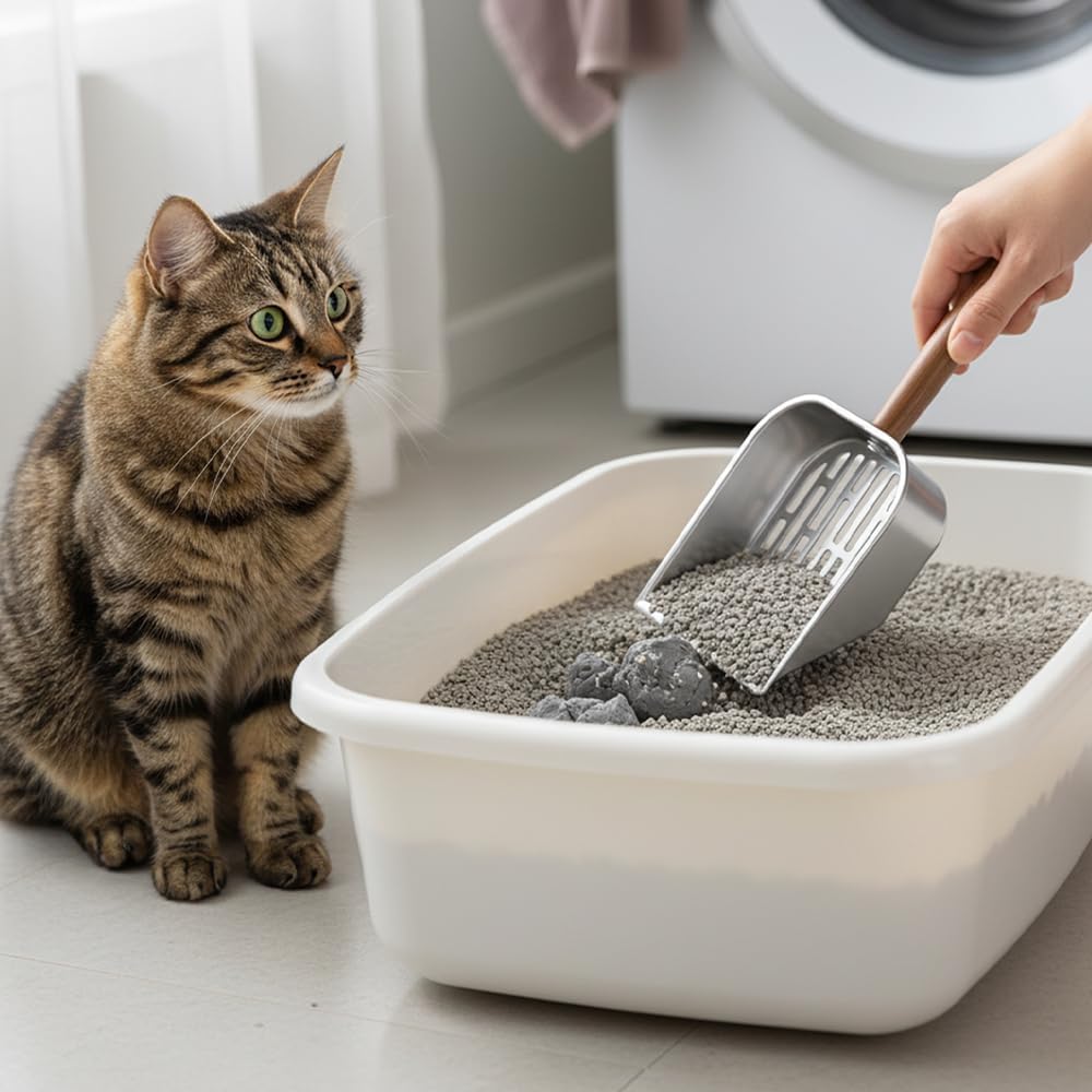Cat Litter Scoop - Stainless Steel - Double Hole Design - Long Wooden Handle - Hanging Storage - 1 Pack - Image 3