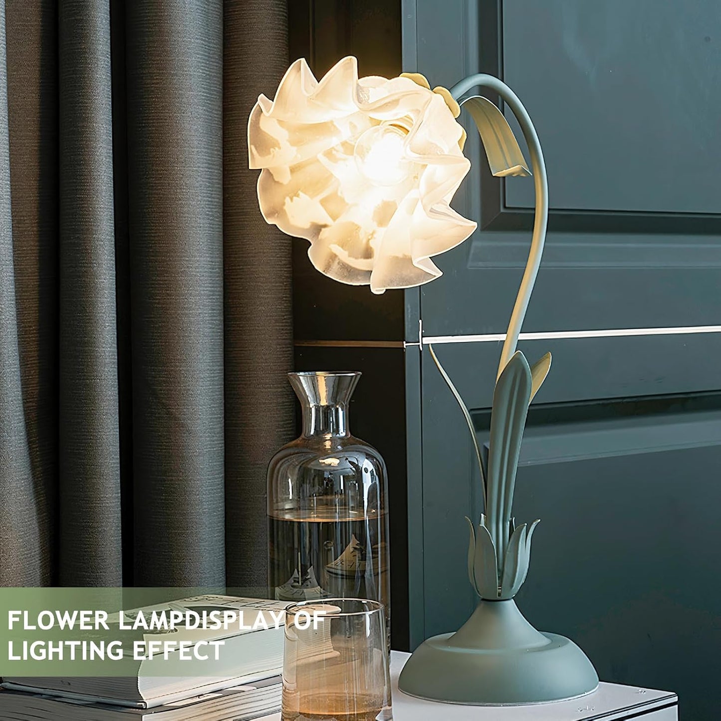 Green glass table lamp, flower table lamp, modern flower shape, metal top with glass lampshade, bedside table, desk lamp for bedroom, girl's room, living room, bedroom, office (green) - Image 2